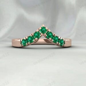 Emerald Stone V Shape Curved Eternity Band for Women – 925 Sterling Silver Ring Jewelry