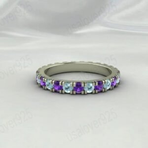 Aquamarine Amethyst Stone Full Eternity Band for Women – 925 Sterling Silver Ring Jewelry
