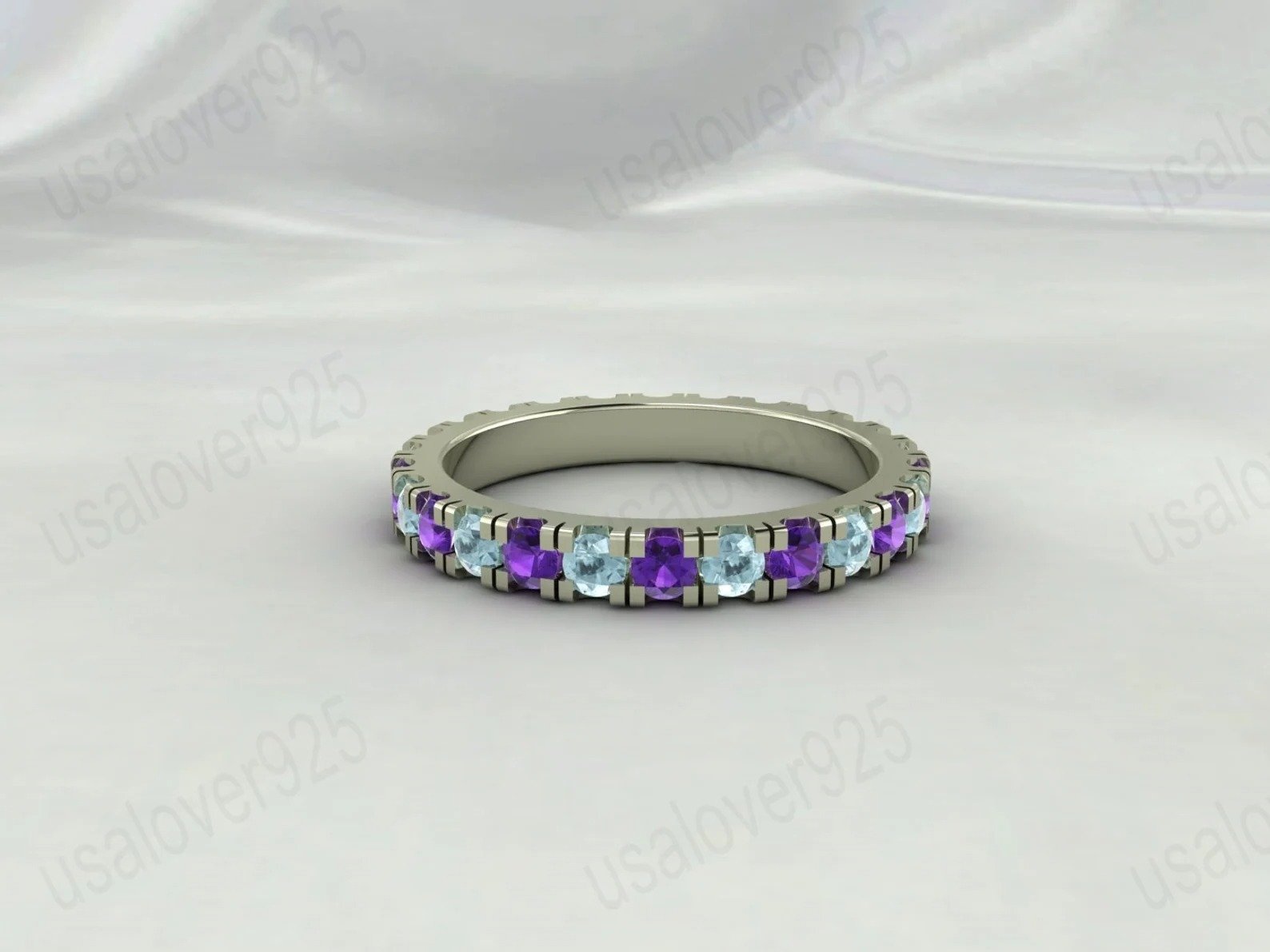 Aquamarine Amethyst Stone Full Eternity Band for Women – 925 Sterling Silver Ring Jewelry