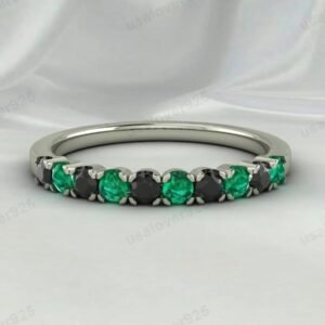 Emerald & Onyx Gemstone Half  Eternity Band for Women – 925 Sterling Silver Ring Jewelry