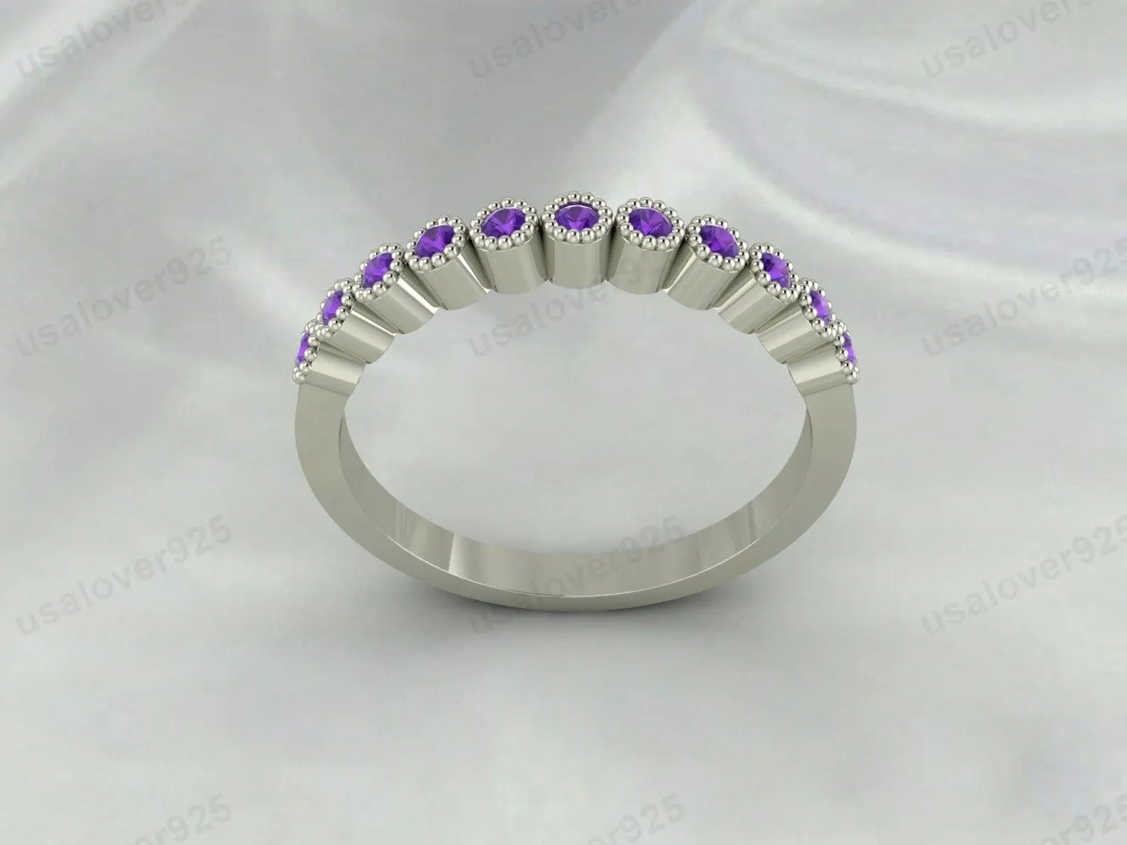 Amethyst Gemstone Half Eternity Band for Women – 925 Sterling Silver Ring Jewelry
