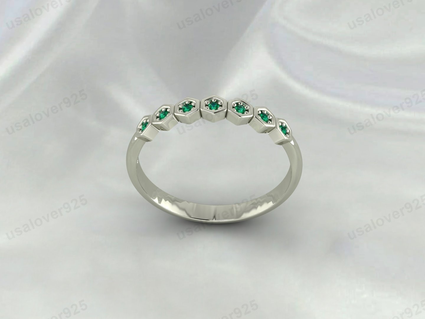Emerald Half Eternity Ring | May Birthstone 925 Sterling Silver Band