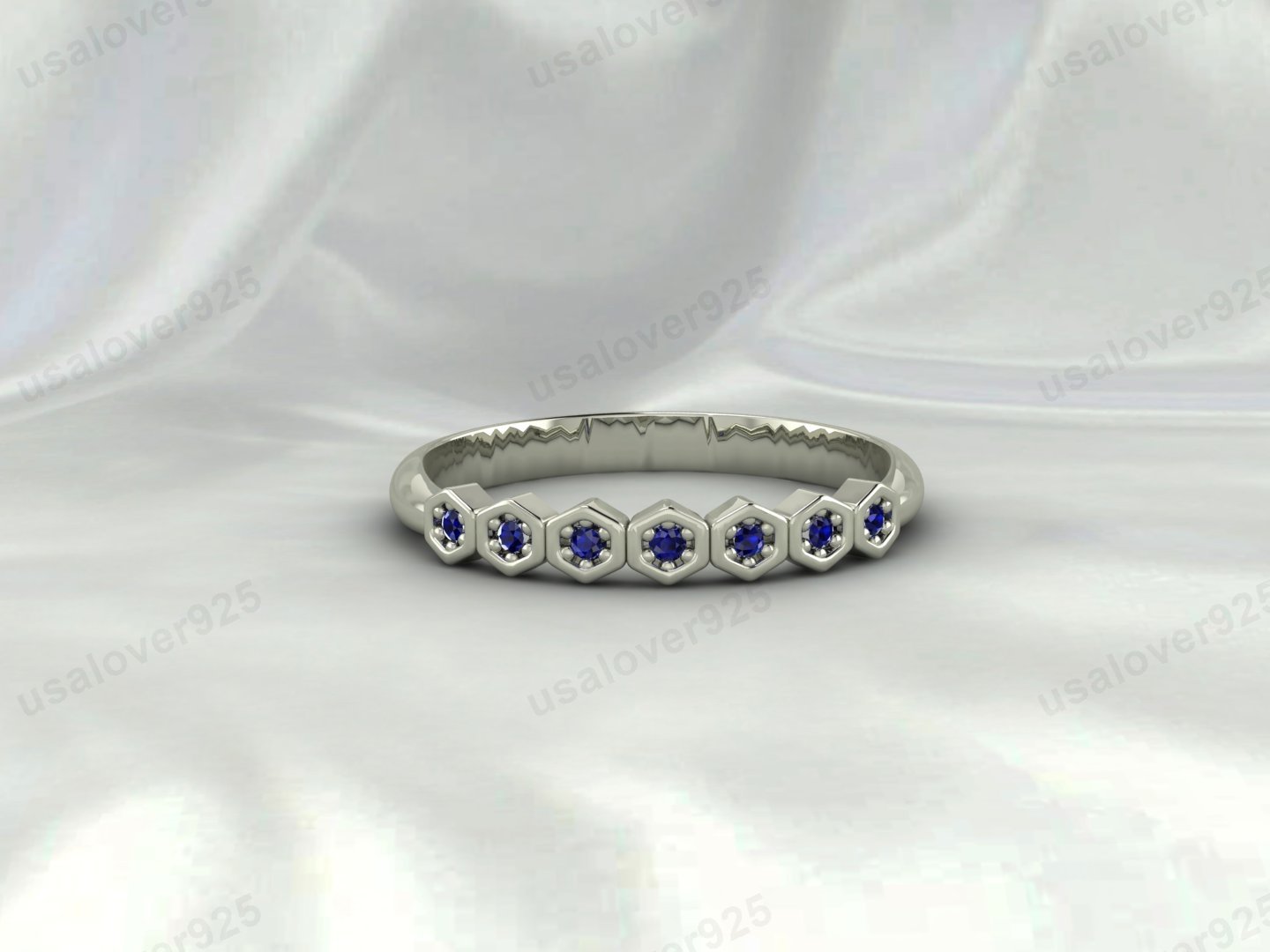 Blue Sapphire Half Eternity Ring | 925 Sterling Silver Dainty Anniversary Band | September Birthstone