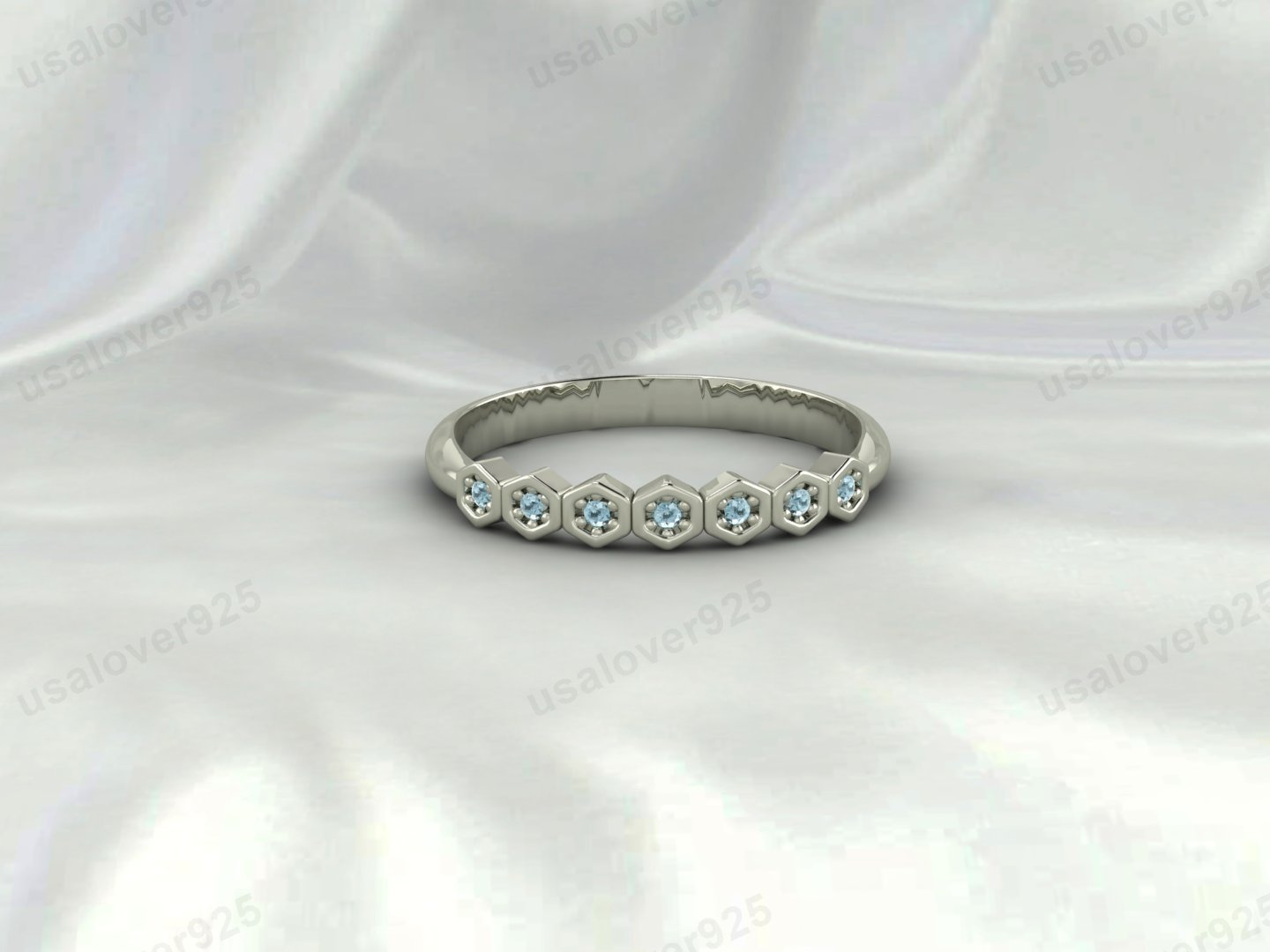 Aquamarine Half Eternity Ring | 925 Sterling Silver Stacking Wedding Band