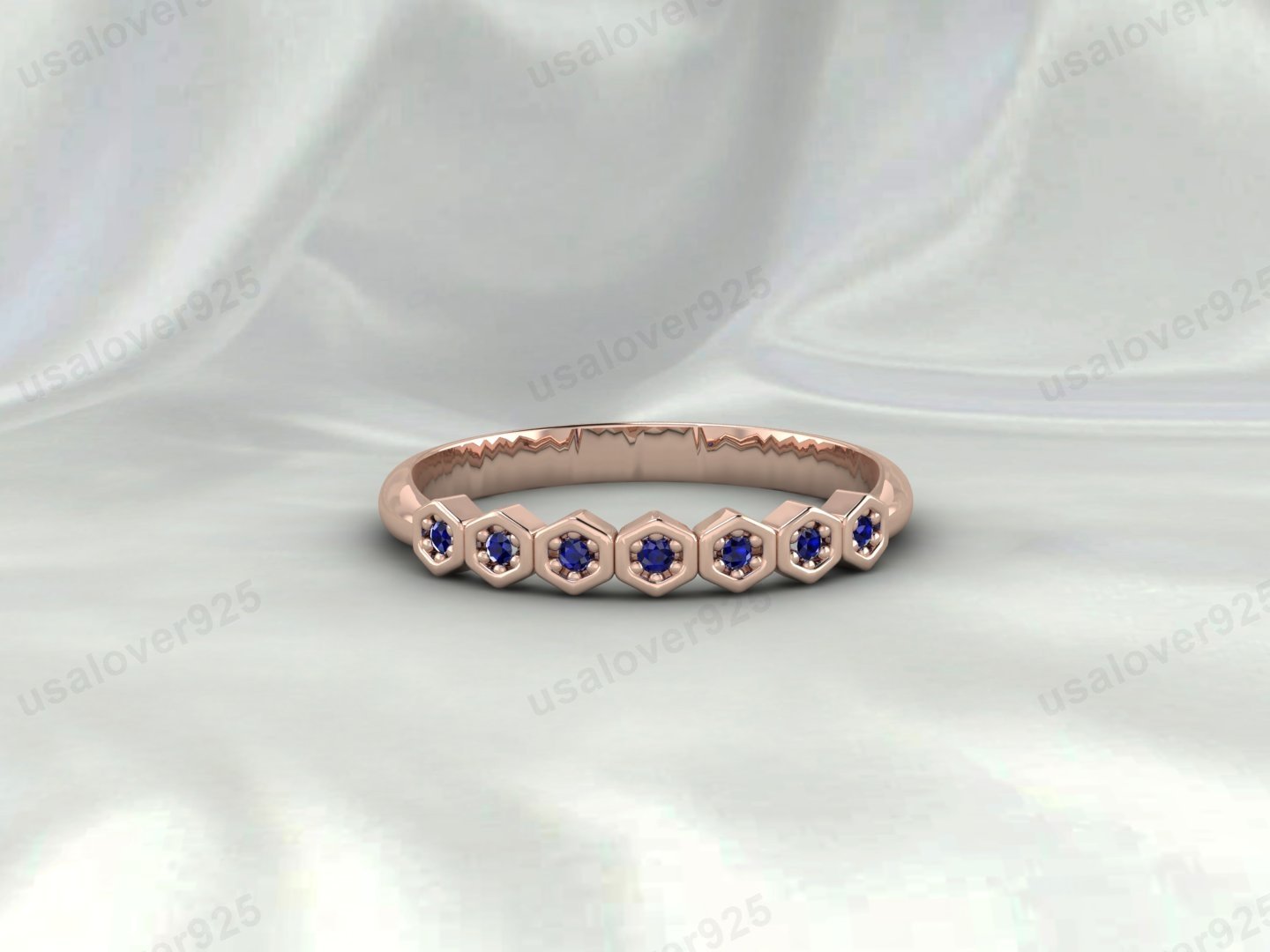 Blue Sapphire Half Eternity Ring | 925 Sterling Silver Dainty Anniversary Band | September Birthstone