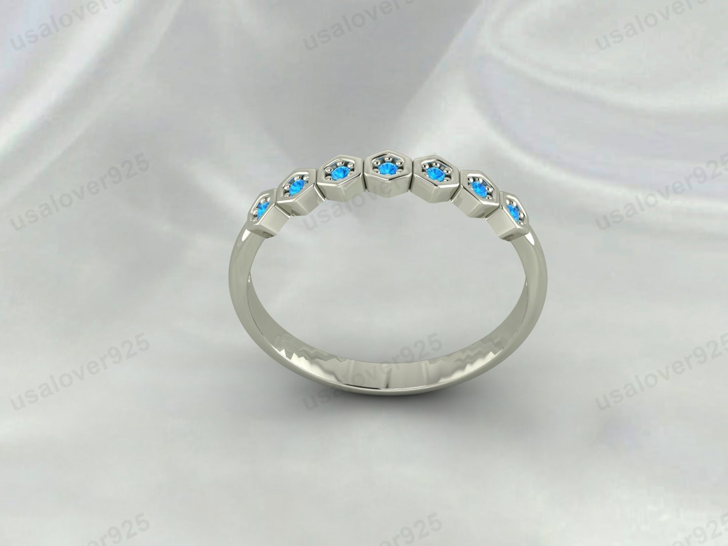 Blue Topaz Ring | December Birthstone 925 Sterling Silver Half Eternity Band