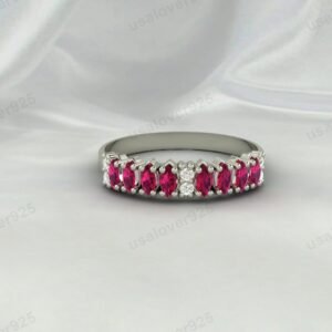 Ruby Engagement Ring, 925 Sterling Silver Half Eternity Band, Minimalist Stackable Jewelry Gift