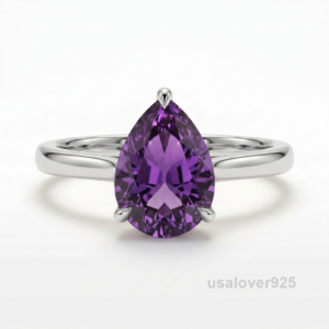 Amethyst Pear Stone Ring – 925 Sterling Silver Teardrop Jewelry