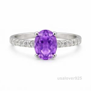 Amethyst and CZ Solitaire Ring, 925 Sterling Silver Women’s Statement Band
