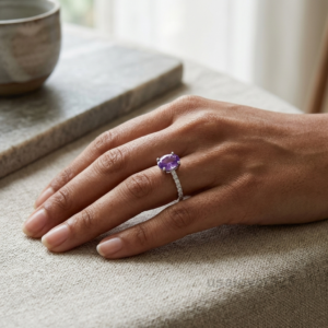 Amethyst and CZ Solitaire Ring, 925 Sterling Silver Women’s Statement Band