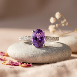 Amethyst and CZ Solitaire Ring, 925 Sterling Silver Women’s Statement Band