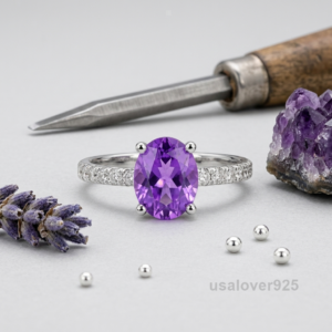 Amethyst and CZ Solitaire Ring, 925 Sterling Silver Women’s Statement Band