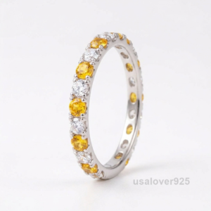 Citrine and Cubic Zirconia Eternity Ring, 925 Sterling Silver Wedding Band