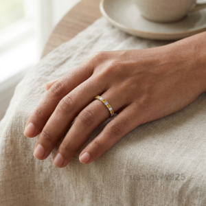 Citrine and Cubic Zirconia Eternity Ring, 925 Sterling Silver Wedding Band