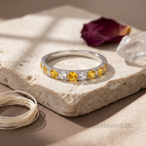 Citrine and Cubic Zirconia Eternity Ring, 925 Sterling Silver Wedding Band