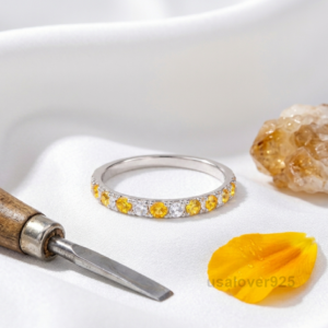 Citrine and Cubic Zirconia Eternity Ring, 925 Sterling Silver Wedding Band
