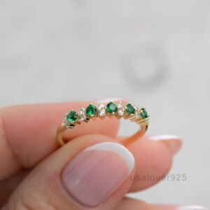 Emerald and Cubic Zirconia Half Band, 925 Sterling Silver Wedding Ring