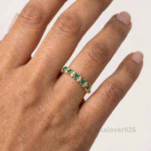 Emerald and Cubic Zirconia Half Band, 925 Sterling Silver Wedding Ring