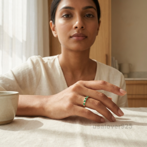Emerald and Cubic Zirconia Half Band, 925 Sterling Silver Wedding Ring