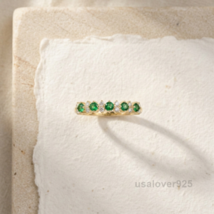 Emerald and Cubic Zirconia Half Band, 925 Sterling Silver Wedding Ring