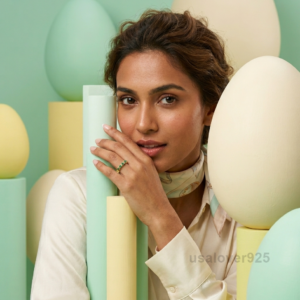 Emerald and Cubic Zirconia Half Band, 925 Sterling Silver Wedding Ring