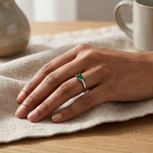 Emerald Baguette Solitaire Ring, 925 Sterling Silver Minimalist Statement Jewelry