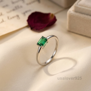 Emerald Baguette Solitaire Ring, 925 Sterling Silver Minimalist Statement Jewelry