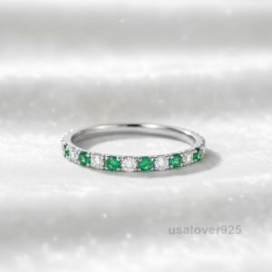 Emerald and Cubic Zirconia Eternity Ring, 925 Sterling Silver Wedding Band