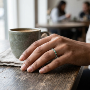 Emerald and Cubic Zirconia Eternity Ring, 925 Sterling Silver Wedding Band