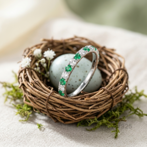 Emerald and Cubic Zirconia Eternity Ring, 925 Sterling Silver Wedding Band