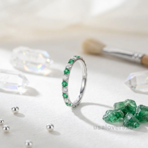 Emerald and Cubic Zirconia Eternity Ring, 925 Sterling Silver Wedding Band