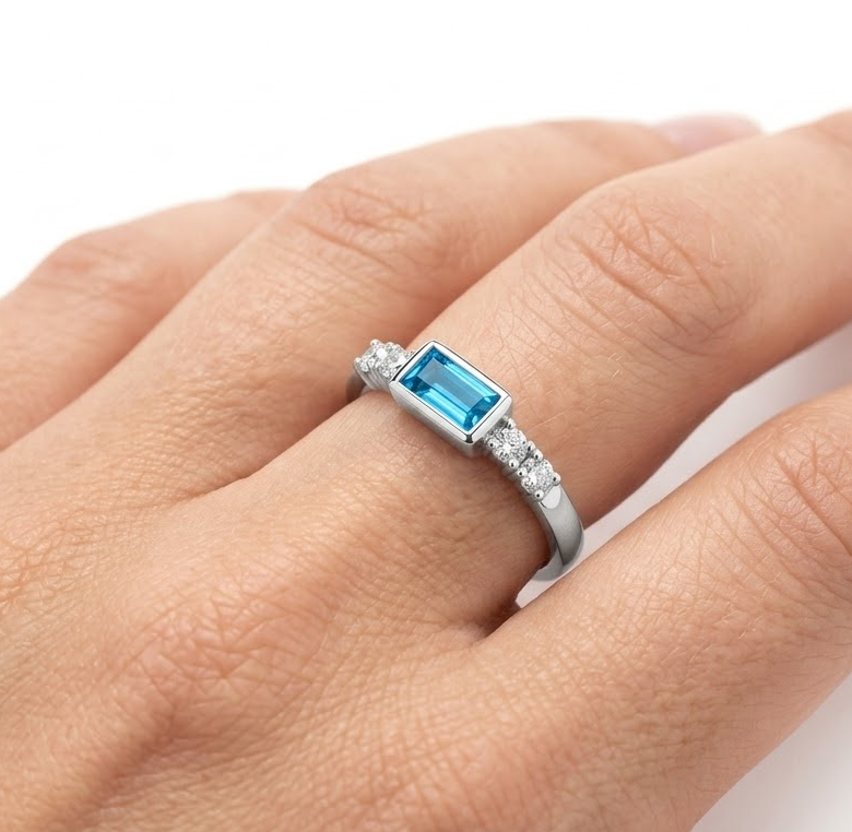 Blue Topaz Baguette Ring – Elegant December Birthstone Jewelry for Mom