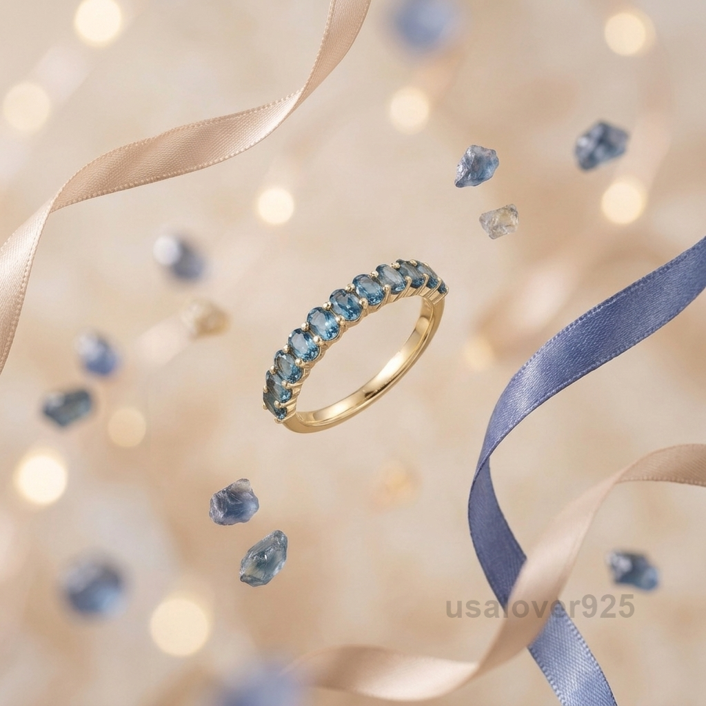 Blue Topaz Oval Gemstone Ring | Sterling Silver Minimalist Anniversary Band