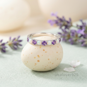 Amethyst and Opal Wedding Ring, 925 Sterling Silver Women’s Eternity Band