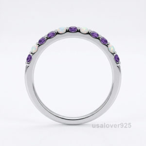Amethyst and Opal Wedding Ring, 925 Sterling Silver Women’s Eternity Band