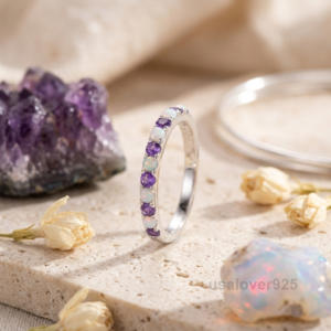 Amethyst and Opal Wedding Ring, 925 Sterling Silver Women’s Eternity Band