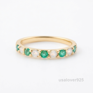 Emerald and Cubic Zirconia Eternity Ring, 925 Sterling Silver Wedding Band