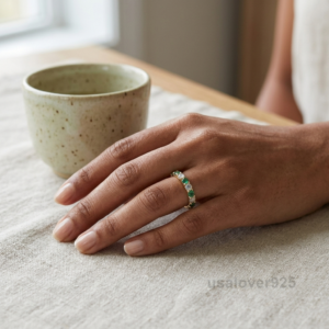 Emerald and Cubic Zirconia Eternity Ring, 925 Sterling Silver Wedding Band