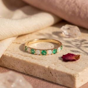 Emerald and Cubic Zirconia Eternity Ring, 925 Sterling Silver Wedding Band