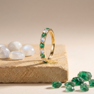 Emerald and Cubic Zirconia Eternity Ring, 925 Sterling Silver Wedding Band