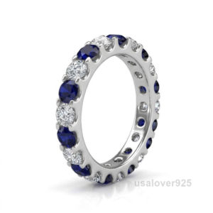 Sapphire and Cubic Zirconia Eternity Ring, 925 Sterling Silver Wedding Band