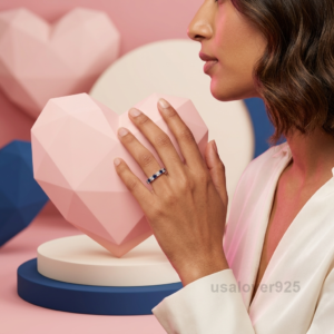 Sapphire and Cubic Zirconia Eternity Ring, 925 Sterling Silver Wedding Band