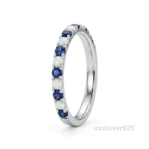 Sapphire and Opal Eternity Ring, 925 Sterling Silver Women's Wedding Band