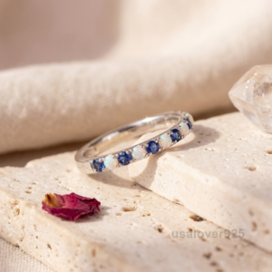 Sapphire and Opal Eternity Ring, 925 Sterling Silver Women's Wedding Band