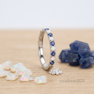 Sapphire and Opal Eternity Ring, 925 Sterling Silver Women's Wedding Band