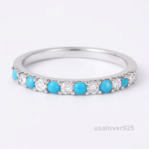 Turquoise and Cubic Zirconia Eternity Ring, 925 Sterling Silver Wedding Band