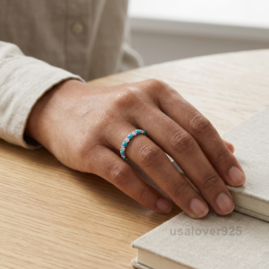 Turquoise and Cubic Zirconia Eternity Ring, 925 Sterling Silver Wedding Band