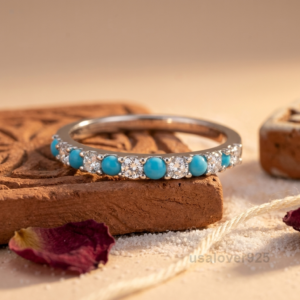 Turquoise and Cubic Zirconia Eternity Ring, 925 Sterling Silver Wedding Band