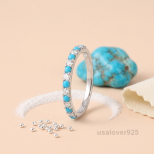 Turquoise and Cubic Zirconia Eternity Ring, 925 Sterling Silver Wedding Band