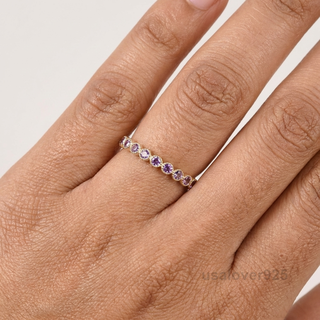 Amethyst Gemstone Women's Half Eternity Band, 925 Sterling Silver Ring